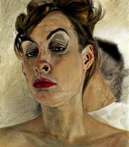 Image similar to a high quality, high detail, portrait of a drag queen by andrew wyeth and lucian freud, moody, melancholic