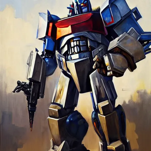 Image similar to greg manchess portrait painting of armored optimus prime as overwatch character, medium shot, asymmetrical, profile picture, organic painting, sunny day, matte painting, bold shapes, hard edges, street art, trending on artstation, by huang guangjian and gil elvgren and sachin teng