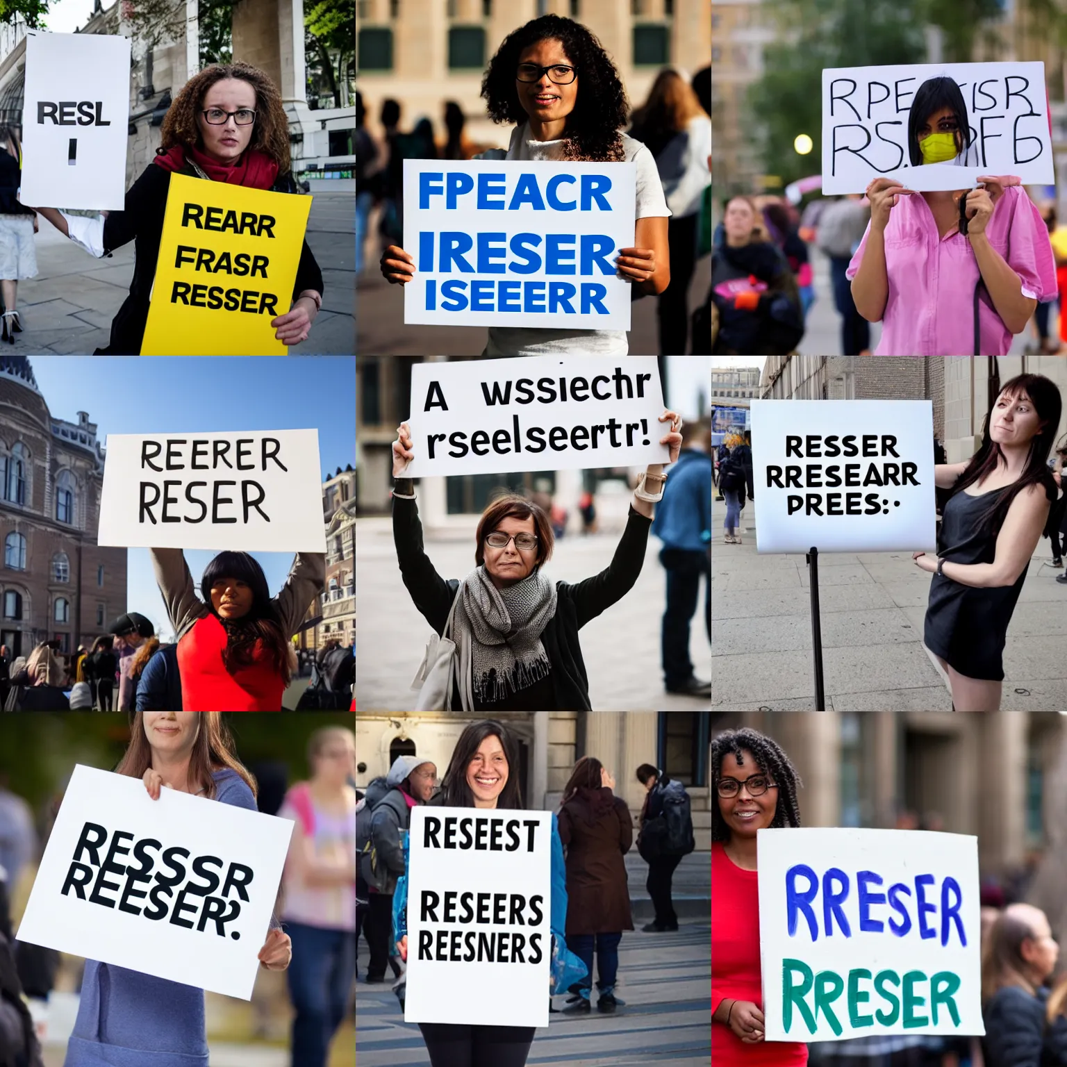 Prompt: woman holding a sign that says 'researcher'