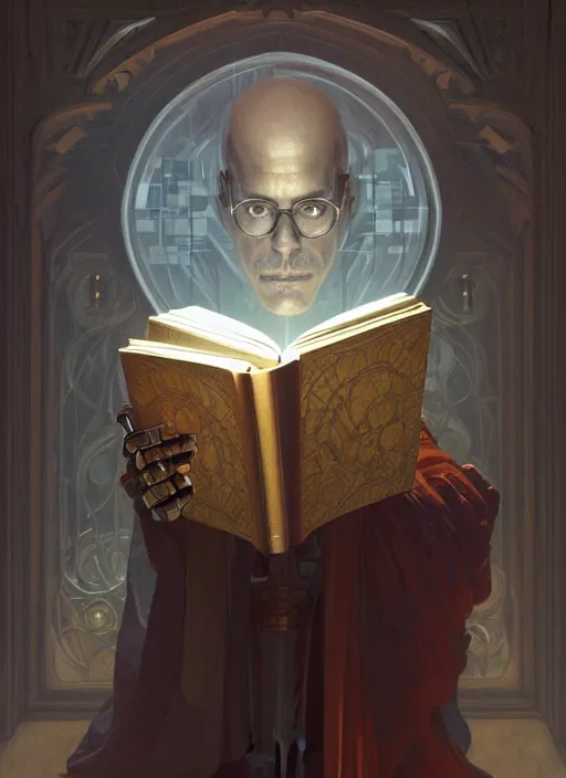 Prompt: portrait of a robot wizard reading a big book, transparent scalp, window, intellectual, sofisticated, medieval fantasy, highly detailed, digital painting, artstation, concept art, character art, art by greg rutkowski and tyler jacobson and alphonse mucha