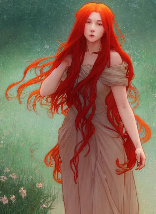 Image similar to pretty young woman with long red hair walking at night, path traced, highly detailed, high quality, digital painting, by studio ghibli and alphonse mucha, leesha hannigan, makoto shinkai, disney