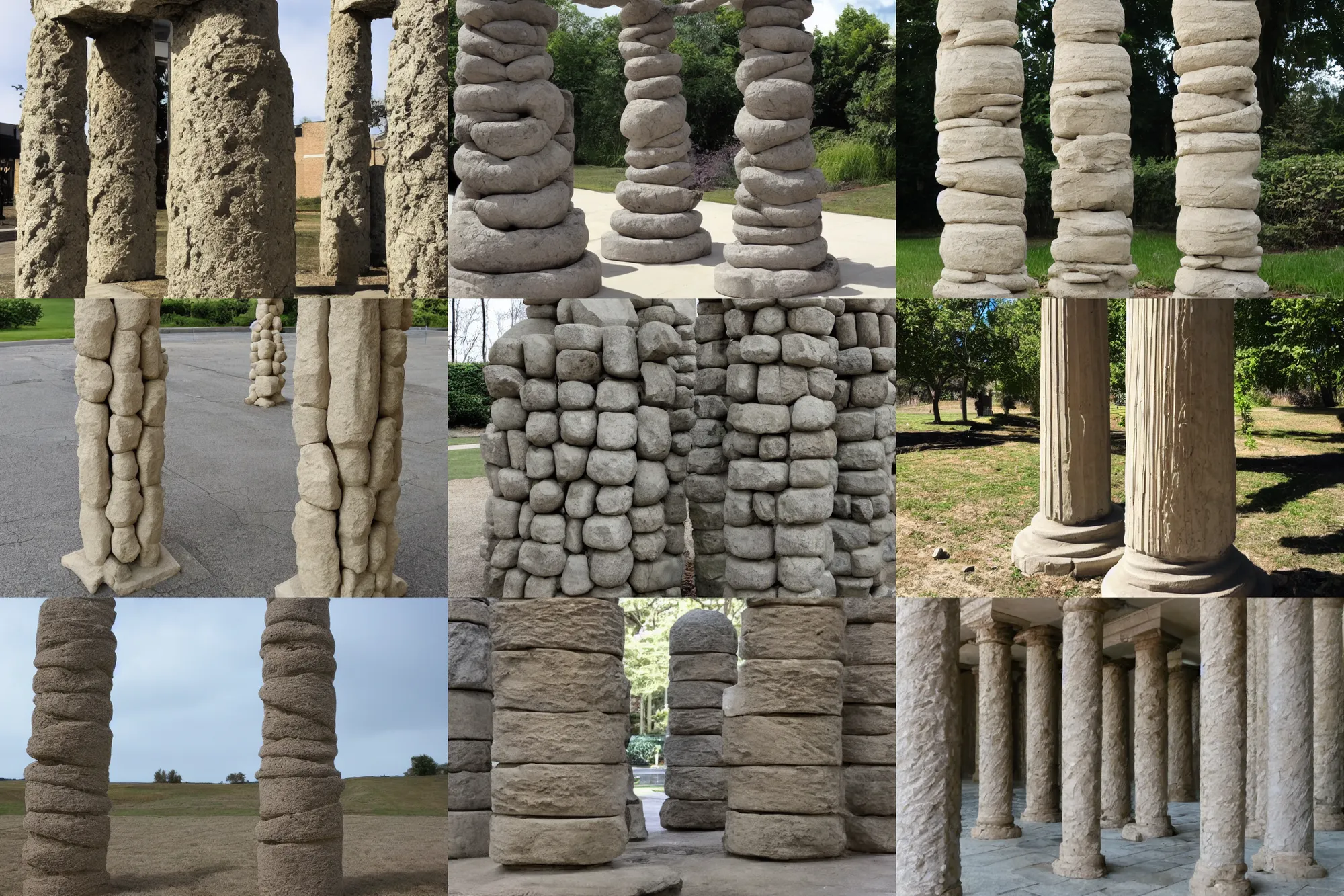 Prompt: two stone columns twisted together