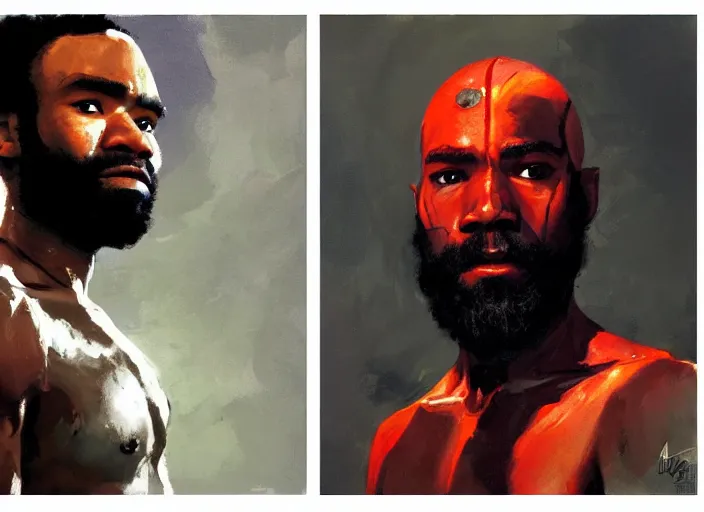 Image similar to a highly detailed beautiful portrait of donald glover as kratos, by gregory manchess, james gurney, james jean