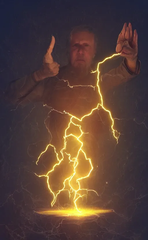 Prompt: Eliezer Yudkowski casting an electricity spell. Digital art trending on artstation. 4k. Tyndall effect.