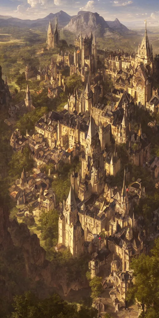 Prompt: medieval gothic city with castle on top of the hill, symetrical, very detailed, beautiful, intricate, cinematic, artstation, william bouguereau, alphonse mucha, greg rutkowski, highly detailed 4 k art, sharp focus, smooth, hd