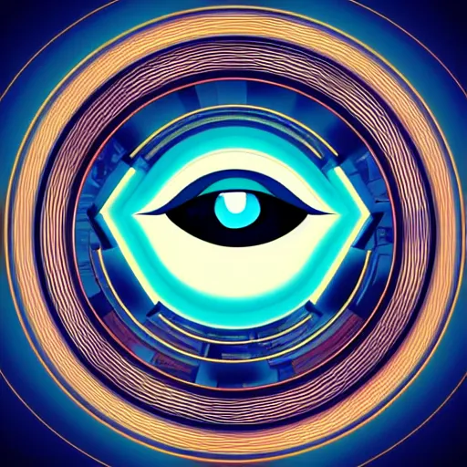 Prompt: logo of eye as background, city as foreground, symmetrical, washed out color, centered, art deco, 1 9 5 0's futuristic, glowing highlights, peaceful
