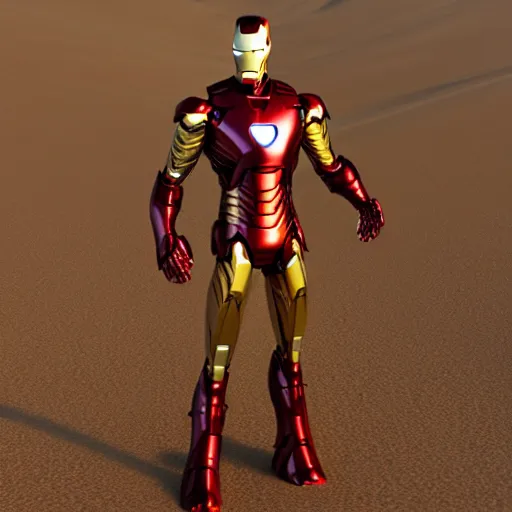 Image similar to iron man in the desert, metallic, photorealistic, shiny, sandy, sand everywhere, metal, rustic iron and copper, sand dunes, marvel