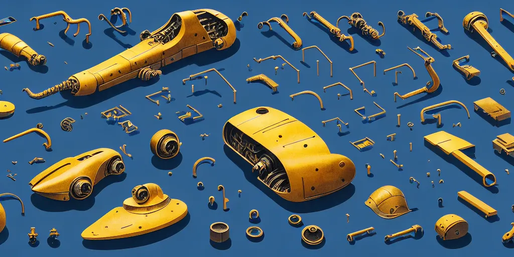 Image similar to collection of exploration of form and shapes, moebius, engine, props, hard surface, panel, simon stalenhag, kitbash, items, gadget, big medium small, close up, vehicles, futuristic, parts, machinery, greebles, insanely detailed, industrial design, golden ratio, wes anderson color scheme, in watercolor gouache detailed paintings, sleek design, clear