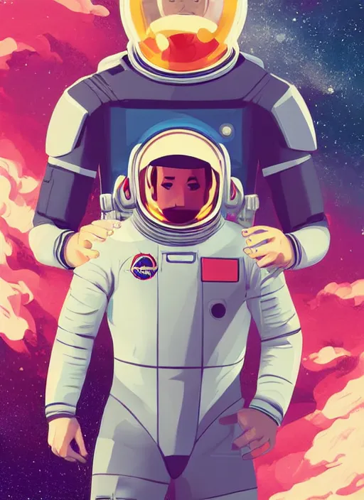 Image similar to a handsome man with red hair floating in space. he is an astronaut, wearing a space suit. clean cel shaded vector art. shutterstock. behance hd by lois van baarle, artgerm, helen huang, by makoto shinkai and ilya kuvshinov, rossdraws, illustration, art by ilya kuvshinov