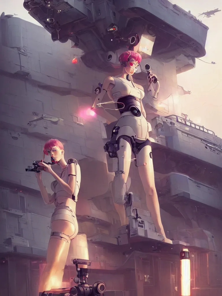 Prompt: Close-up Beautiful full body portrait of a lone beautiful cyborg anime woman smoking a cigarette, standing in front of a cyborg repair shop, while a lone futuristic military cargo ship flies overhead, by Greg Rutkowski and Krenz Cushart and Pan_Ren_Wei and Hongkun_st and Bo Chen and Enze Fu and WLOP and Alex Chow, Madhouse Inc., anime style, crepuscular rays, set in rainy futuristic cyberpunk Tokyo street, dapped light, dark fantasy, feminine figure, smooth skin, gorgeous, pretty face, beautiful fashion model body, high detail, hyper realistic, cgsociety, trending on artstation