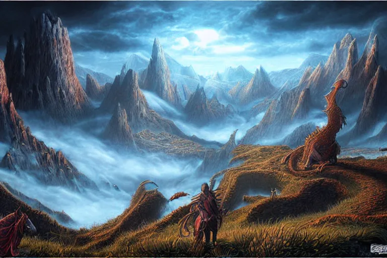 Prompt: ultra realistic illustration, epic high fantasy landscape. dragonlance graphic art print by erol otus