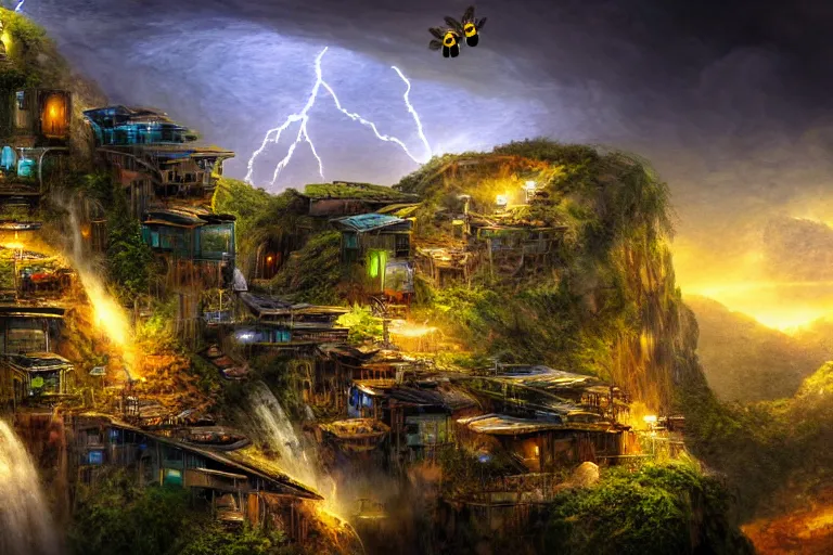 Image similar to mission waterfall favela honeybee hive, sci - fi environment, lightning, industrial factory, award winning art, epic dreamlike fantasy landscape, ultra realistic,