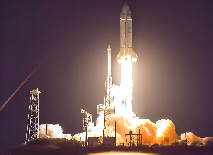 Prompt: film still of nighttime launch of the space launch system LC-39B at Kennedy Space Center in 2025, 4k, 120mm f5.6