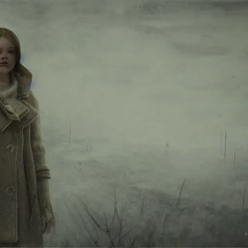 Prompt: Elle Fanning in the painted world of Metro 2033, snow, head and shoulders masterpiece, apocalypse, golden hour, cosmic horror, artstation, in the style of Andrew Wyeth and Edward Hopper and Bosch, extremely detailed