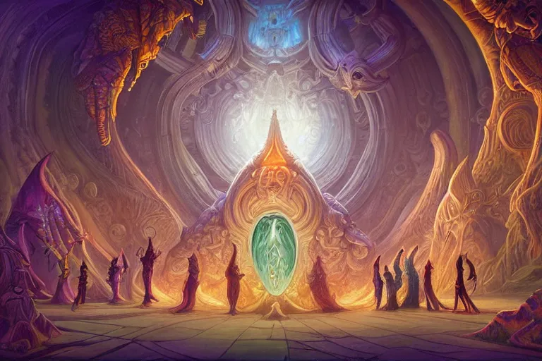 Prompt: suggestive mtg illustration by terese nielsen of a large group of people entering the glowing doorway of a massive vulva - shaped temple constructed of carved iridescent pearls and house - sized crystals of impossible architecture floating in the astral plane, trending on artstation.