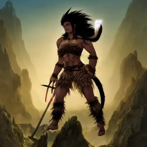 Image similar to barbarian warrior woman with chimera cat tail, cat tail, furry tail, barbarian pelt, cavewoman, black hair, electrified hair, wild spiky black saiyan hair, surrounded by electrical aura, prowling around primeval jungle, palm trees, rocks, mountains, red sky, hyperdetailed, ultra high definition, realism, 4 k, frank frazetta