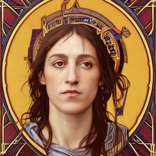 Image similar to portrait of charlotte gainsbourg as joan of arc, hyperreal digital painting, iconography influenced by alphonse mucha and eugene delacroix, arstation and deviantart trends, high resolution 8 k