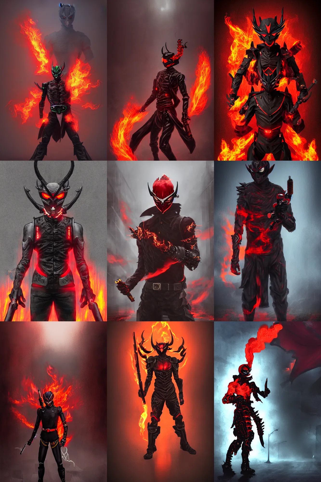 Prompt: character portrait of a demonic monster kamen rider gunslinger with fire eyes doing a henshin pose standing in a misty city street, wielding fire, monster made out of fire, matte painting, dramatic lighting, 8 k, rubber suit, digital painting, concept art, muted colors, red colors, moody colors, broken pipes, in the style of frank frazetta