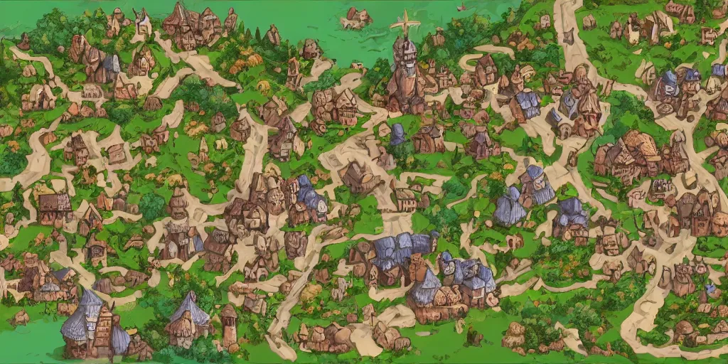 Prompt: a high detailed fantasy village vector art an aerial view of a cartoonish rpg village by dungeondraft, dofus, patreon content, hd, straight lines, vector, grid, dnd map, map patreon, fantasy maps, foundry vtt, fantasy grounds, aerial view, dungeondraft, tabletop, inkarnate, dugeondraft, roll 2 0