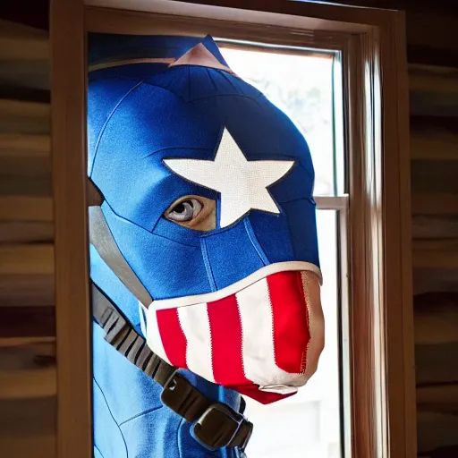 Image similar to photo of a horse wearing a captain america costume looking into a lounge window in a house