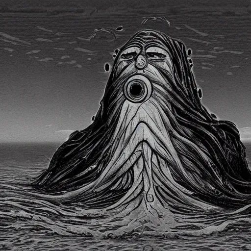 Prompt: a gigantic lovecraftian cyclope emerging from under the ocean, gazing to the darkened sky, old 3 5 mm ilford black and white, photorealistic