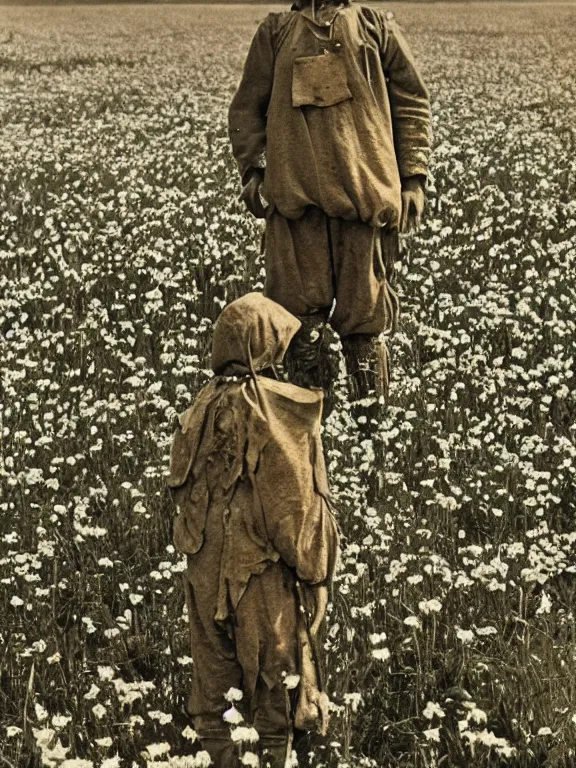 Image similar to human-like scarecrow wearing torn military clothes in beautiful meadow of flowers, ww1 photo, grainy, high detail, high resolution,