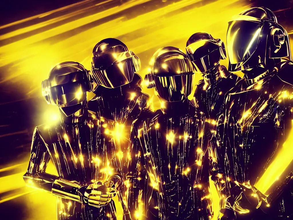 Image similar to a cinematic photo real depiction of daft punk as roland tb-303 self replicating robot shogon samurai ,hyper detail wrapping bio-mech fiber optic cables with particles and machine parts, Beautiful metallic glowing tech volumetric lighting, cgsociety, artstation, wideangle fisheye lens, dof:-1