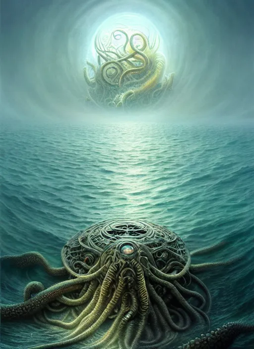 Image similar to cthulu emerging from ocean, a scenic dystopian environment, lovecraftian, intricate, elegant, highly detailed, centered, digital painting, artstation, concept art, smooth, sharp focus, illustration, artgerm, tomasz alen kopera, peter mohrbacher, donato giancola, joseph christian leyendecker, wlop, boris vallejo