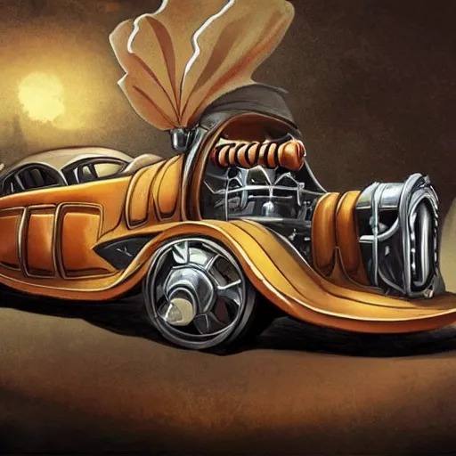 Prompt: a concept art of a steampunk car with a shape of an hot dog