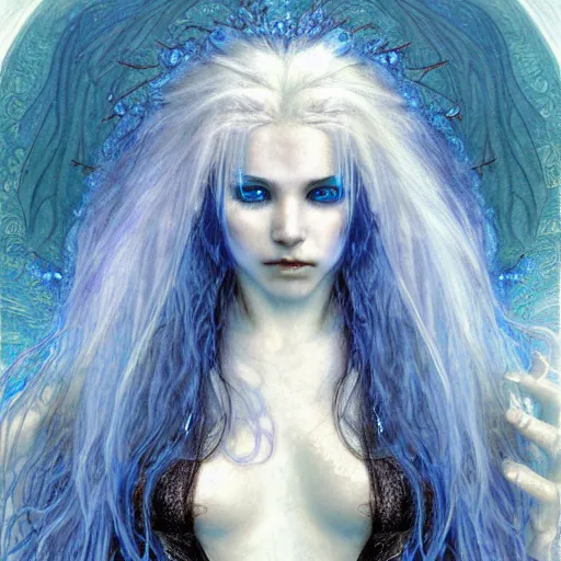 Prompt: head and shoulders portrait of a female lightning genasi with blue skin and white hair made of sirrus clouds, full white robes, medieval, fantasy, d & d, luis royo, klimt, alphonse mucha