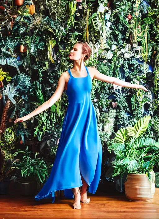 Prompt: woman dancing in a marine blue summer dress, fashion magazine, indoor plants in the background, elegant, photorealistic camera shot, studio lighting, crisp quality and light reflections