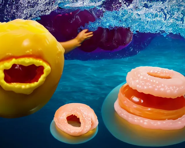 Prompt: a massive jelly sculpture of a squashed funny on a jelly donut floating on the ocean water, in the style of johnson tsang, cinematic, hyper - realistic, very detailed, realistic jelly splashes, ray tracing, 8 k resolution, long - shot, sharp focus, low angle, 8 5 mm photograph, wide lens