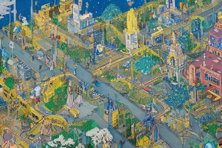 Prompt: an elaborate and dense painting of a peaceful neighborhood in tron, detailed, made of alcohol ink on parchment and penned illustrations, by wes anderson and geoff darrow