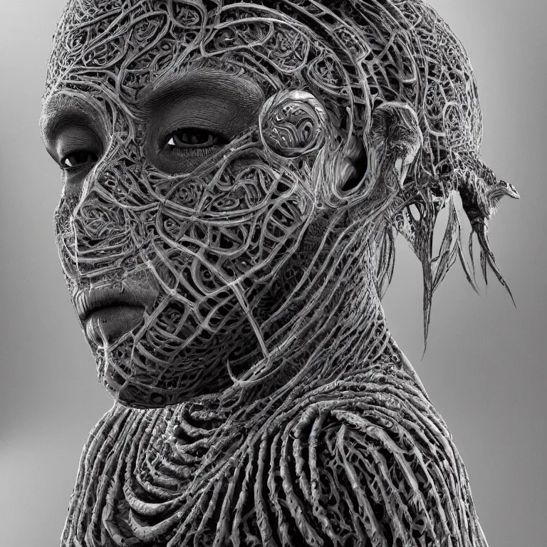 Image similar to surreal spinal ribbed tribal exotic organic face portrait of a beautiful cult member wearing occult, beautiful detailed intricate insanely detailed BW 3D render digital art, octane render, 8K artistic photography, photorealistic