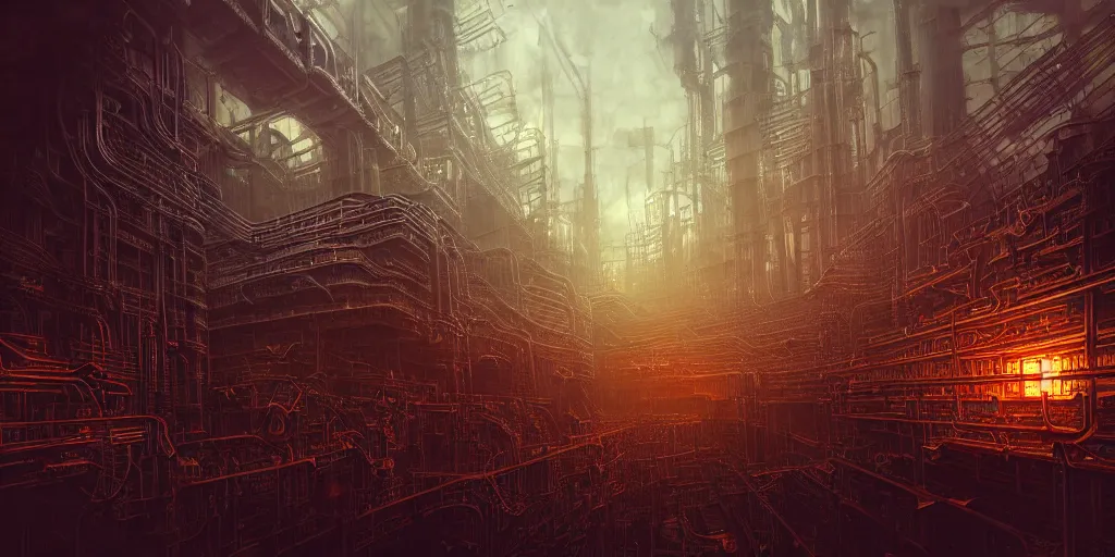 Prompt: futuristic dystopian endless, intricate, complex, labyrinthine, byzantine, tangled, industrial complex, smokestacks, pipelines and ducts and vents, landscape painting, steampunk, smoke, night, gloomy, dark, dramatic, cinematic, volumetric lighting, gods eye view