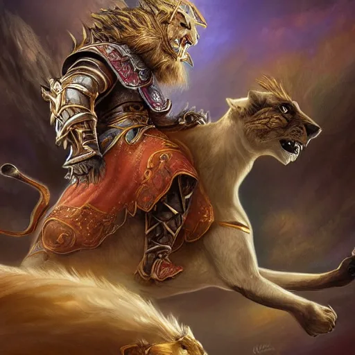 Image similar to a knight riding a royal lion, 4 k, art station, digital fantasy painting, majestic, intricate, beautiful, warcraft