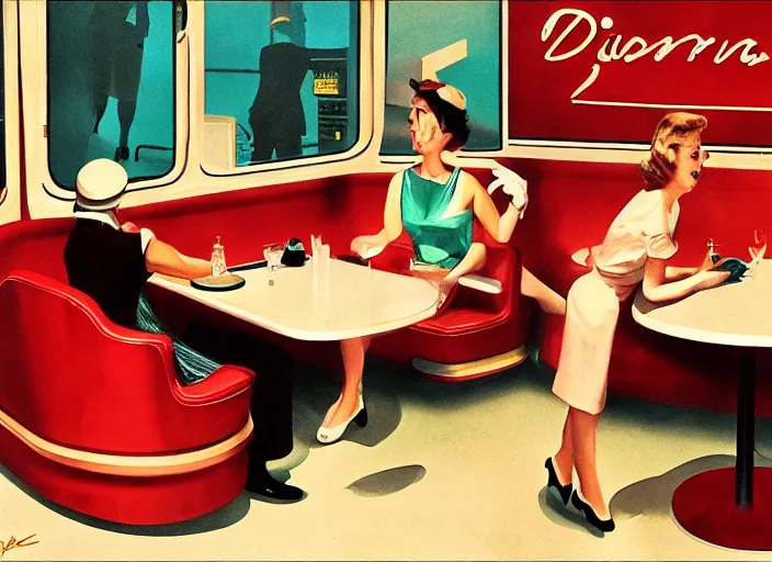 Prompt: diorama, diner, 1950s,jukebox,8K, by syd mead