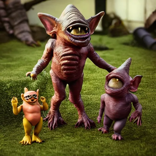 Image similar to autochrome photo of vintage disgusting brown Boglins, plastic goblin monster toys in a backyard garden, kaiju, oni, realistic, octane render