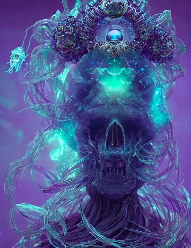 Image similar to goddess macro close - up portrait wigh crown made of ram skull. betta fish, jellyfish phoenix, bioluminiscent, plasma, ice, water, wind, creature, super intricate ornaments artwork by tooth wu and wlop and beeple and greg rutkowski