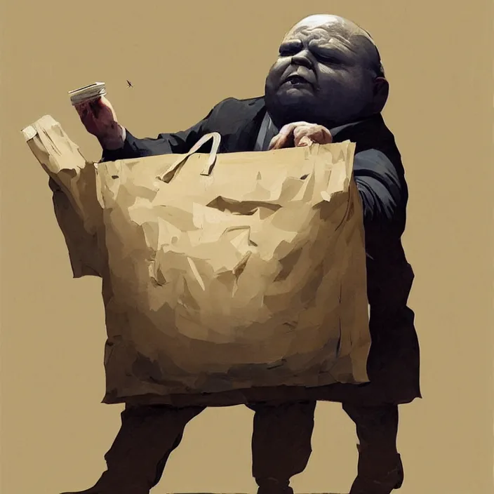 Image similar to melted old fat man portrait with a paper bag over the head, in paper bag clothing, holding a stack of paper bags, highly detailed, artstation, art by ian mcque, ilya kuvshinov, zdislav beksinski, wayne barlowe, edward hopper