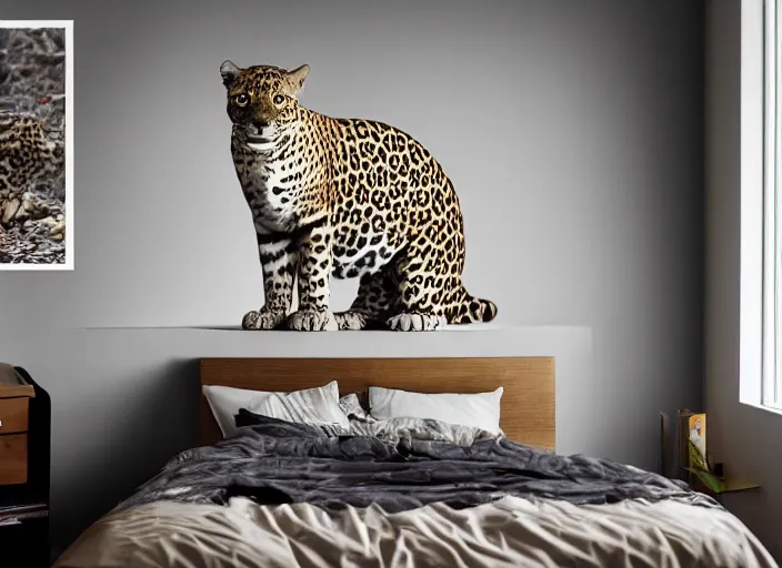 Image similar to photography of a Jaguar Cat . watching outside the window. on a bed. in a 70's room full of vinyls and posters, photorealistic, award winning photo, 100mm, sharp, high res