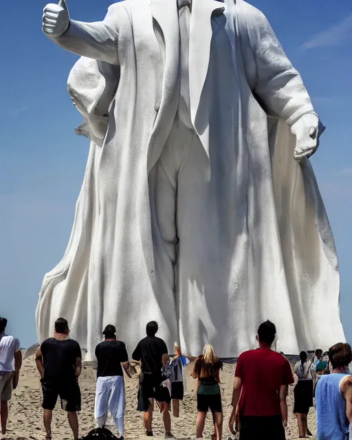 Image similar to a gigantic 400 foot tall white marble statue of president Donald trump giving his thumbs up sign, dwarfs onlookers on a beach, cinematic, post apocalyptic