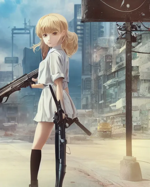 Image similar to insanely detailed. by wlop, ilya kuvshinov, makoto shinkai, greg rutkowski, sakimichan. zbrush sculpt, octane, maya, houdini, vfx. closeup gorgeous attractive young cg anime teen kid schoolgirl, holding a rifle, near utility poles at middle east, in luxury advertisement. cinematic dramatic atmosphere, sharp focus, volumetric lighting