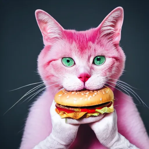 Image similar to photo of a pink cat with pink fur, eating a hamburger, biting a hamburger-C 12