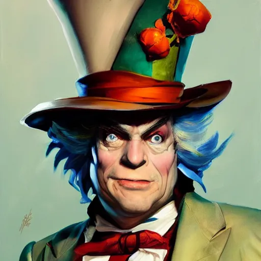 Image similar to greg manchess portrait painting of partially armored mad hatter from alice in wonderland as overwatch character, wacky, medium shot, asymmetrical, profile picture, organic painting, sunny day, matte painting, bold shapes, hard edges, street art, trending on artstation, by huang guangjian and gil elvgren and jesper ejsing