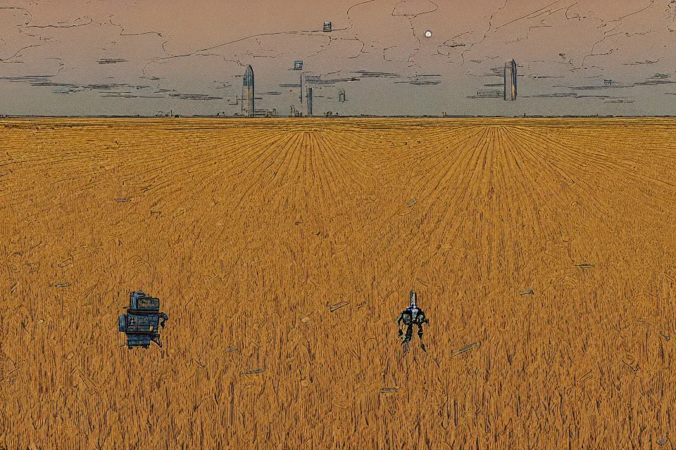 Prompt: sci-fi painting of a large alien city on the vast wheat fields, the closed back view of only one humanoid robot on the ground, by Moebius, godrays, detailed