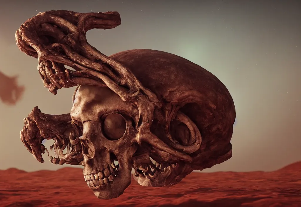 Prompt: eldritch alien skull in a dessert in mars, cinematic lighting, octane tender, volumetric light, dark - art