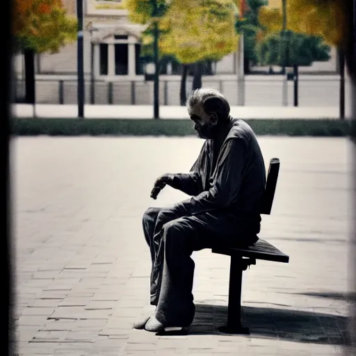 Image similar to a man sitting on a bench in front of a building, a character portrait by kamal ud - din behzad, featured on unsplash, neo - primitivism, matte photo, photo taken with ektachrome, studio portrait