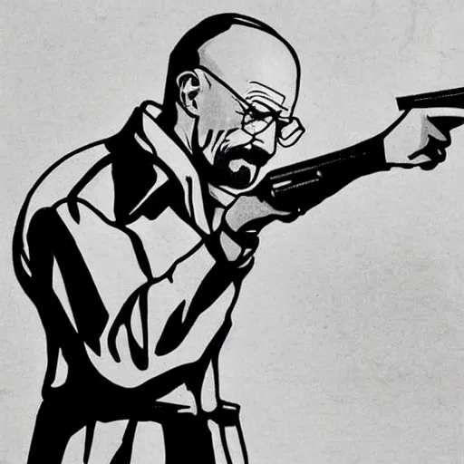 Image similar to Walter White pointing a gun at right side, accurate anatomy, highly detailed