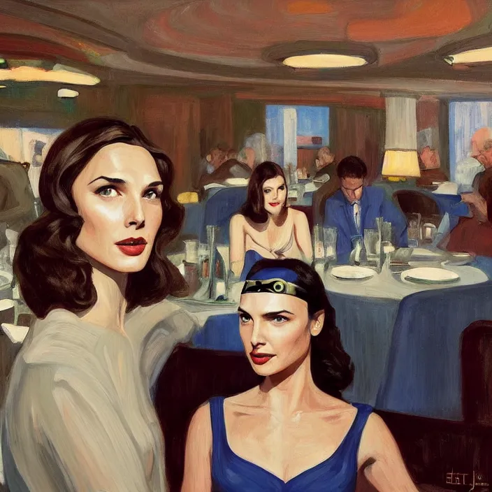 Image similar to Anthony Hopkins Gal Gadot, at art deco restaurant, open ceiling, highly detailed, painted by Edward Hopper, painted by James Gilleard